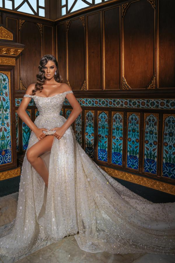 Off-the-Shoulder Wedding Dress Beadings With Split Overskirt - Fashionpara
