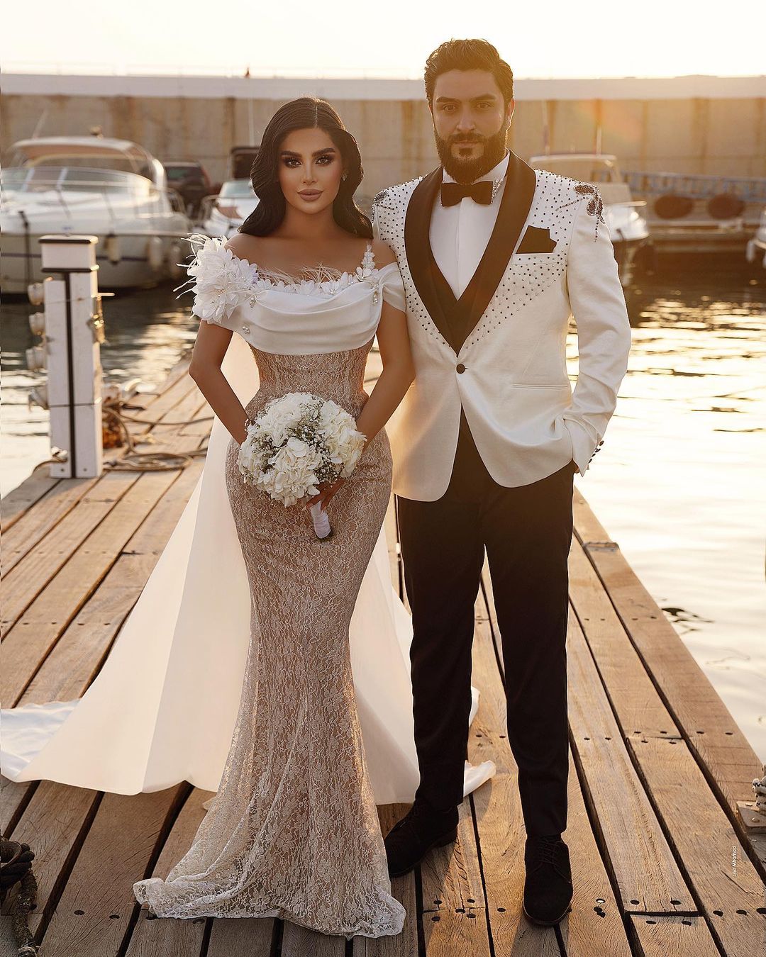 Off-the-Shoulder Wedding Dress Mermaid Lace With Cape - Fashionpara