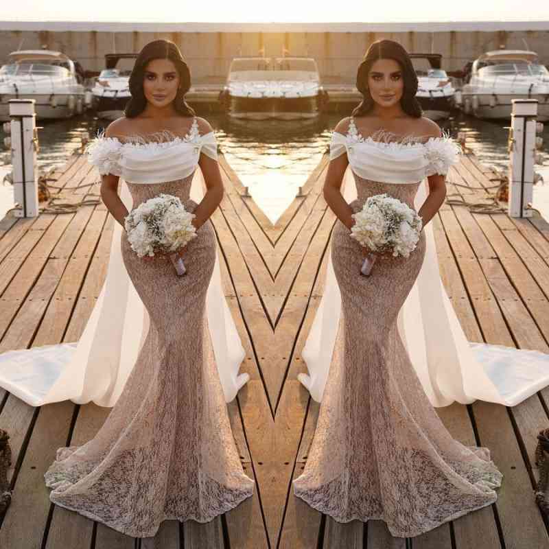 Off-the-Shoulder Wedding Dress Mermaid Lace With Cape - Fashionpara