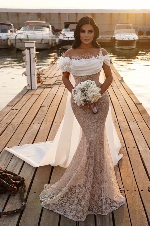 Off-the-Shoulder Wedding Dress Mermaid Lace With Cape - Fashionpara