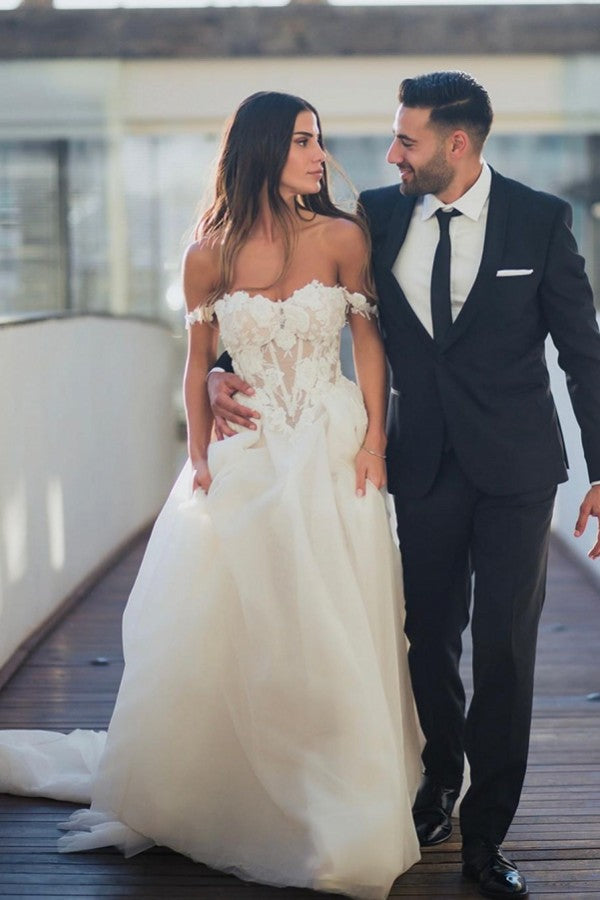 Off-the-Shoulder Wedding Dress Tulle Long With Appliques - Fashionpara