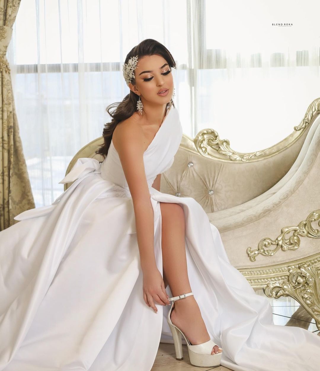 Off-the-Shoulder White Wedding Dress Satin With Slit - Fashionpara
