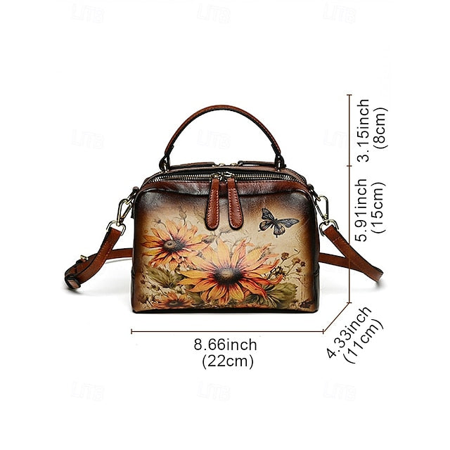 Sunflower Print Vintage with Handbag Leather and Butterfly