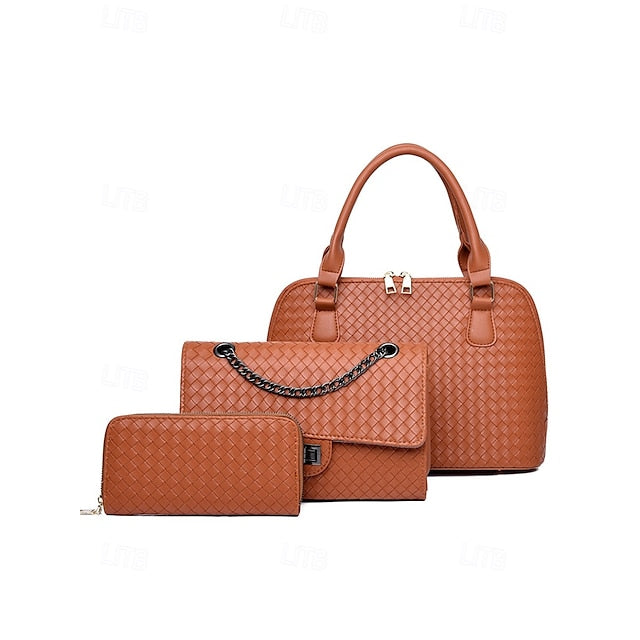 Handbag Set Brown Leather Woven 3-Piece Faux