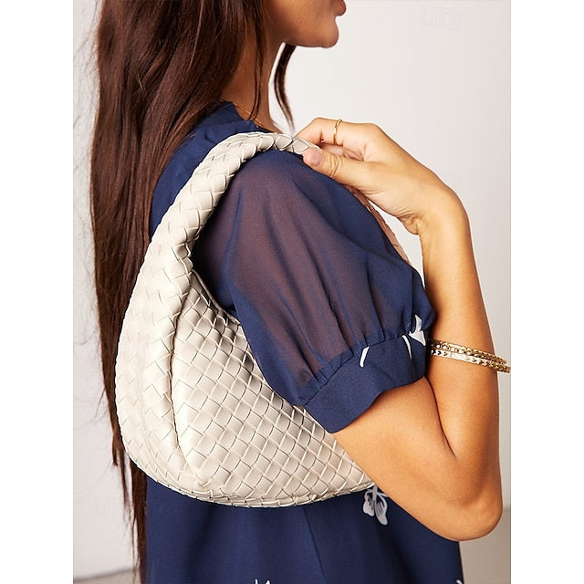 Leather Round Woven Chic Elegant Ivory Hobo Bag