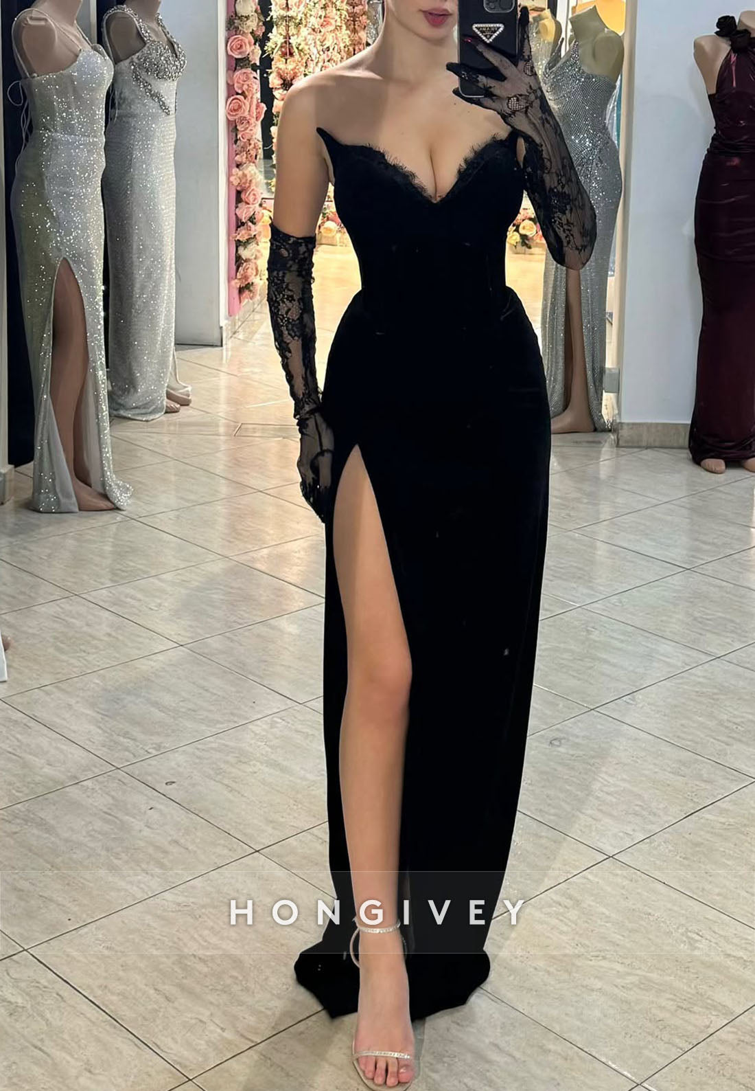 Lace Side Slit Formal Dresses Column Floor-Length Pleated 3/4 Sleeve Strapless Evening Gown