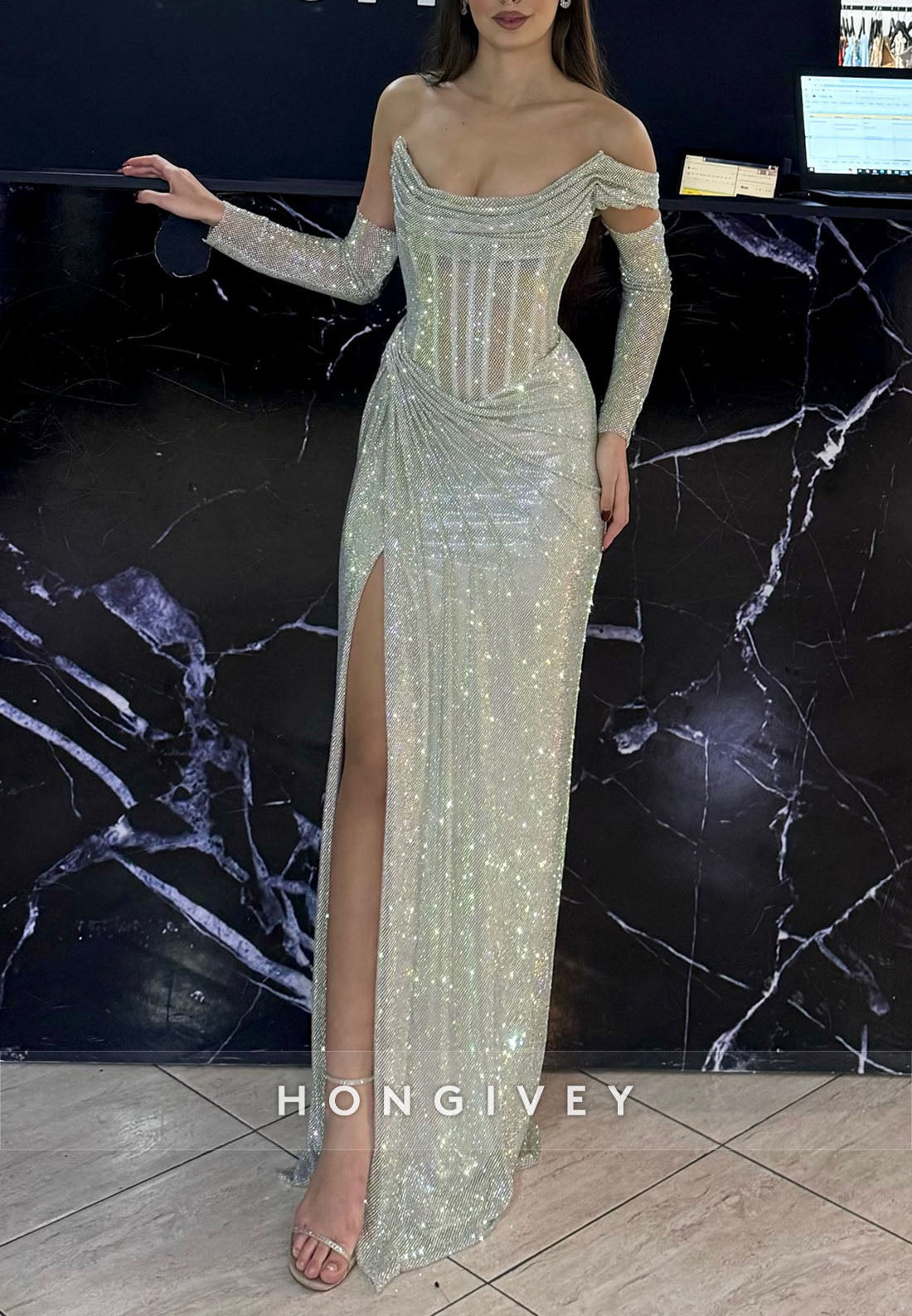 Glitter Off the Shoulder Floor-Length Column Prom Dresses Pleated 3/4 Sleeve Evening Gown