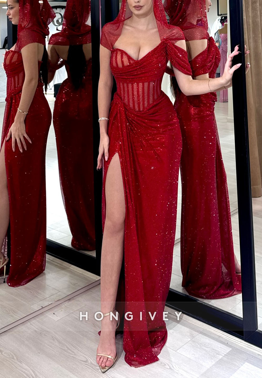 Sexy Column Floor-Length Glitter Asymmetrical Prom Dresses High Slit Pleated Evening Gown