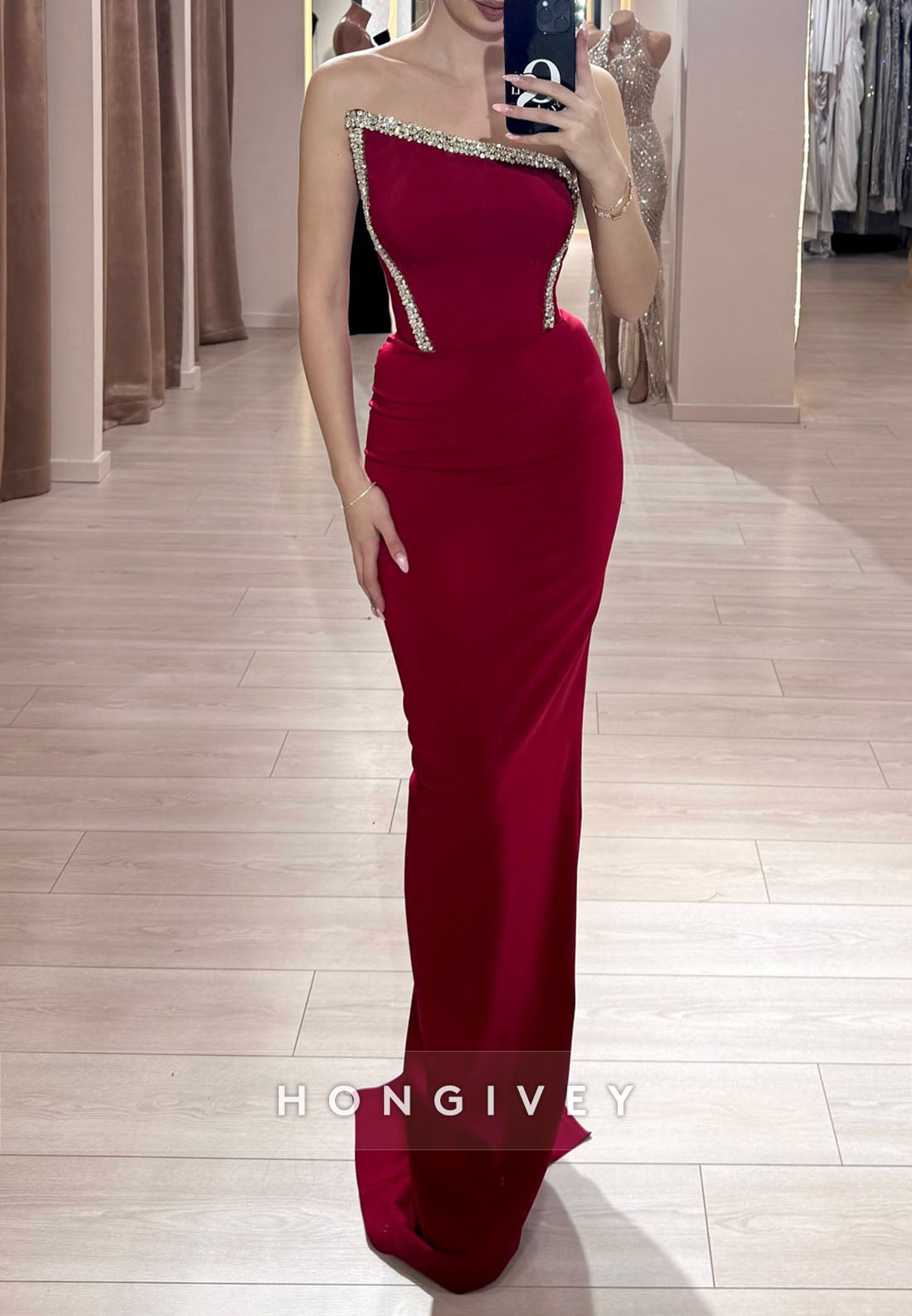 Pleated Appliqued Asymmetrical Neck Floor-Length Sheath Strapless Evening Gown