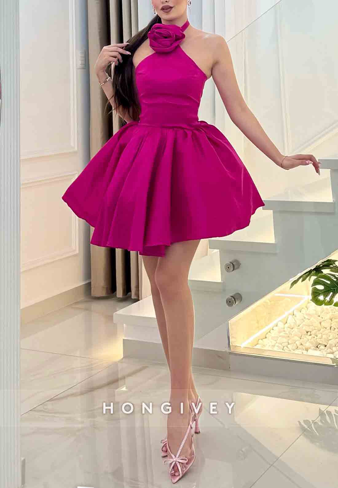 Short Ball Gown Halter with Flower Fuchsia Crisscross Back Party Homecoming Dresses
