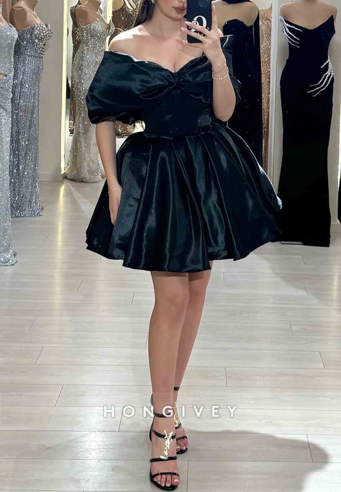 V-Neck Satin Off the Shoulder Half Sleeves Pleated Princess Homecoming Dresses