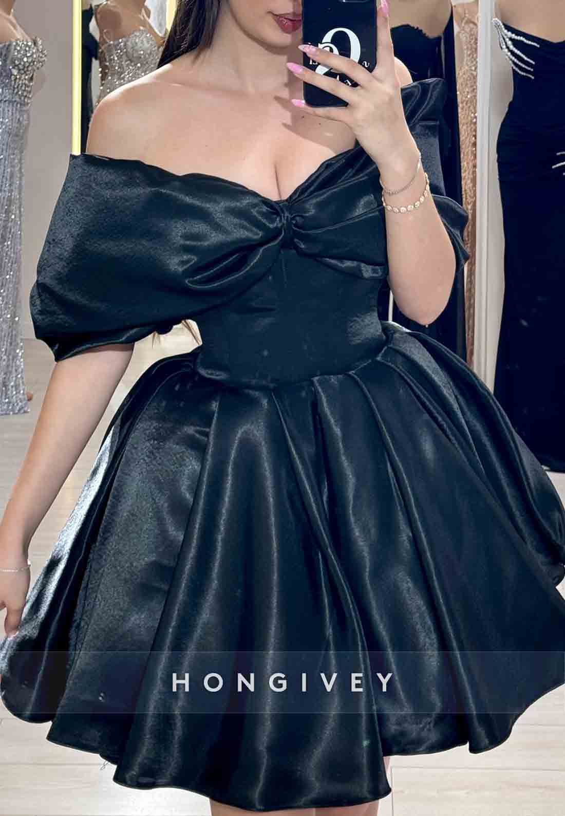 V-Neck Satin Off the Shoulder Half Sleeves Pleated Princess Homecoming Dresses