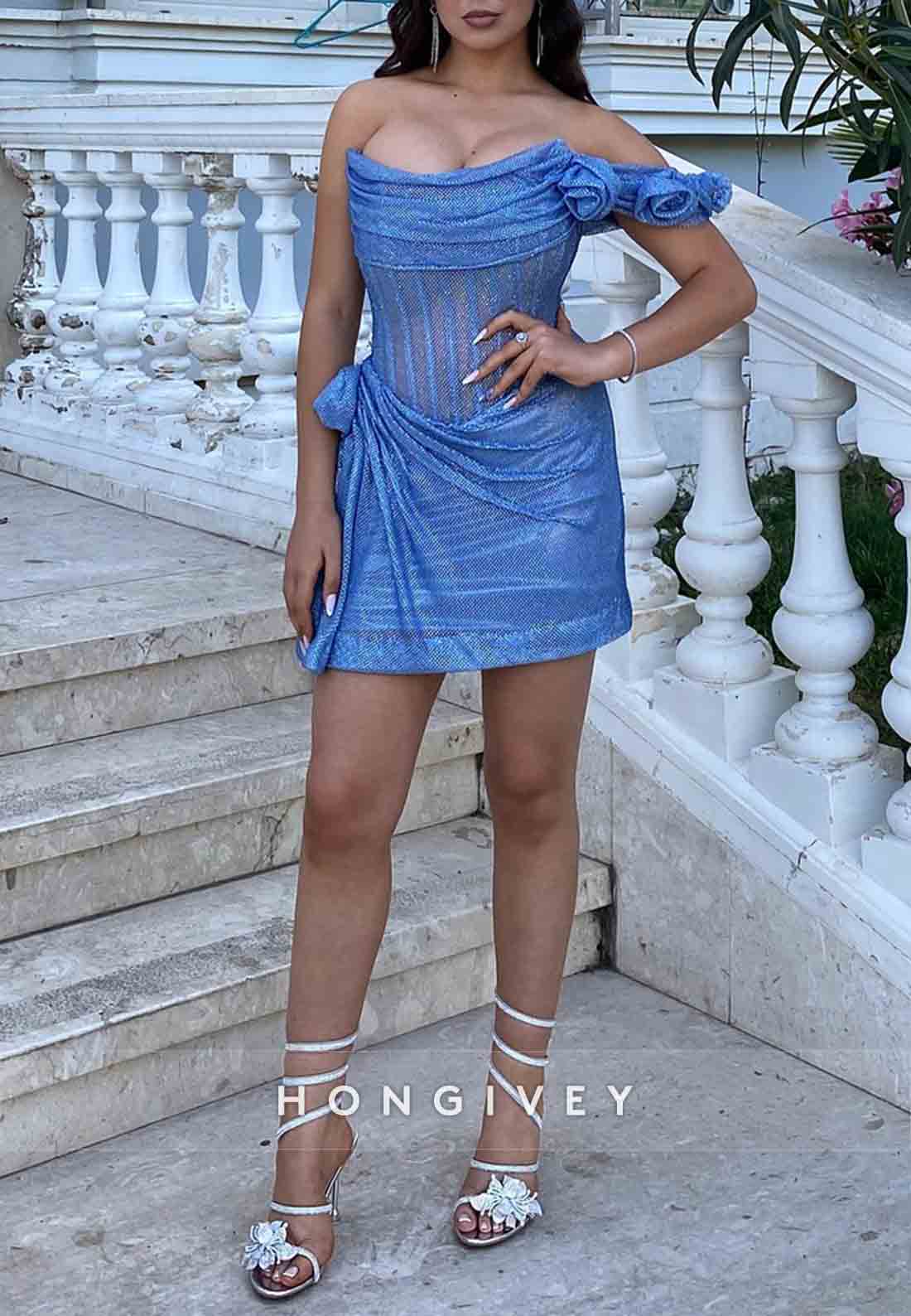 Flowers Off the Shoulder Column Pleated Mini Homecoming Dresses