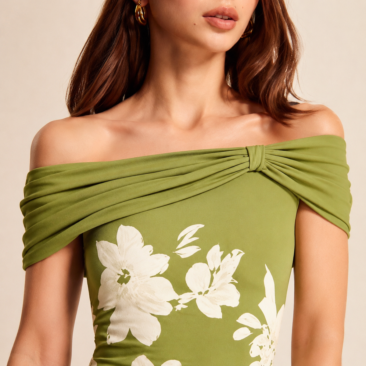 Off Shoulder Twist Front Floral High Low Fishtail Midi Dress 17