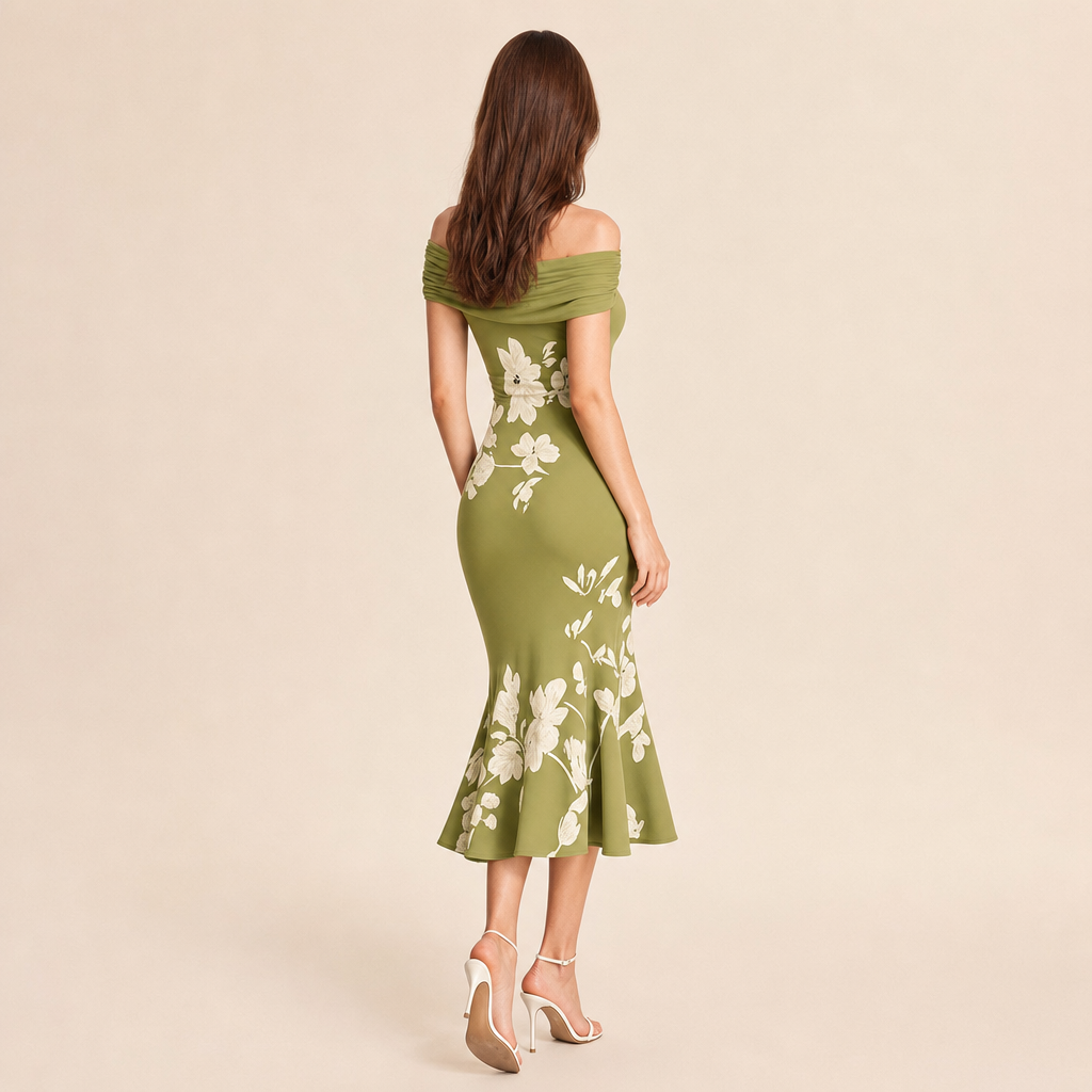 Off Shoulder Twist Front Floral High Low Fishtail Midi Dress 18