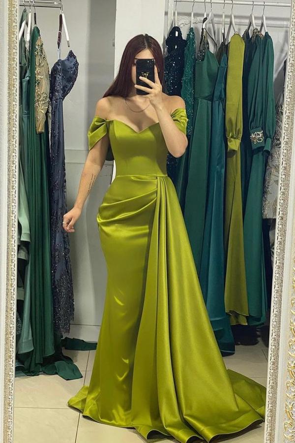 Olive Green Off-the-Shoulder Prom Dress mermaid With Ruffle - Fashionpara