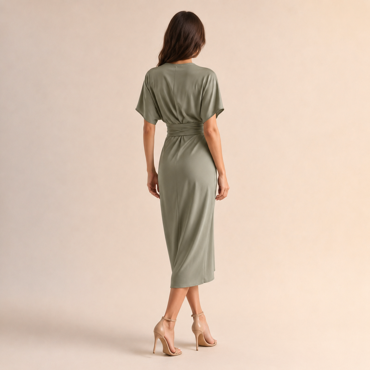V-Neck Kimono Sleeve Twist Front Wrap Midi Dress 11