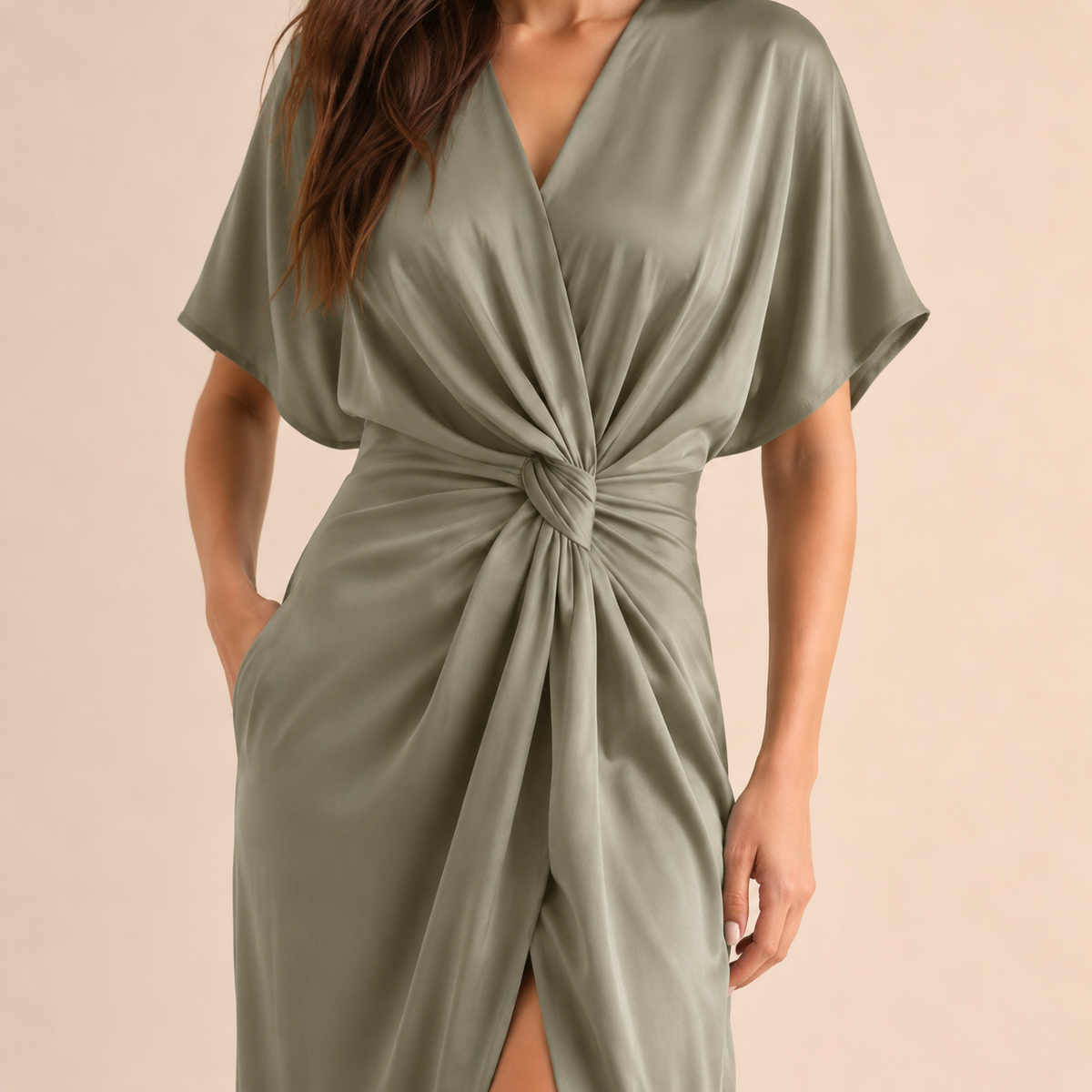 V-Neck Kimono Sleeve Twist Front Wrap Midi Dress 10