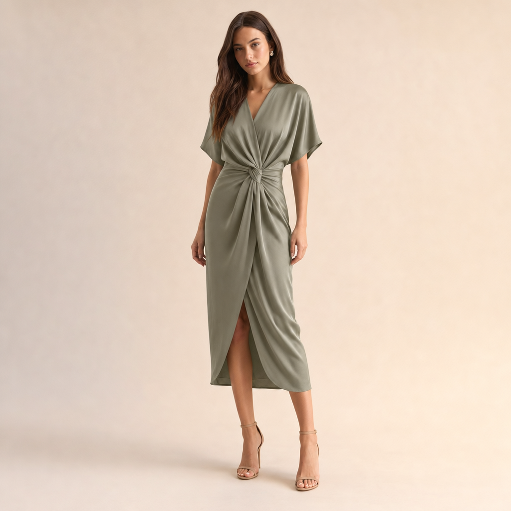 V-Neck Kimono Sleeve Twist Front Wrap Midi Dress 9