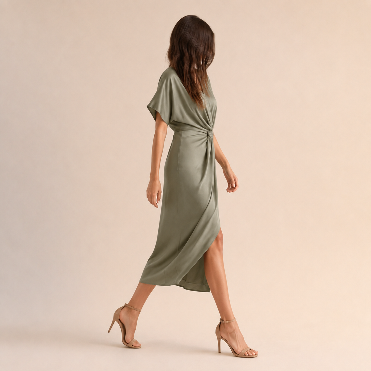 V-Neck Kimono Sleeve Twist Front Wrap Midi Dress 12