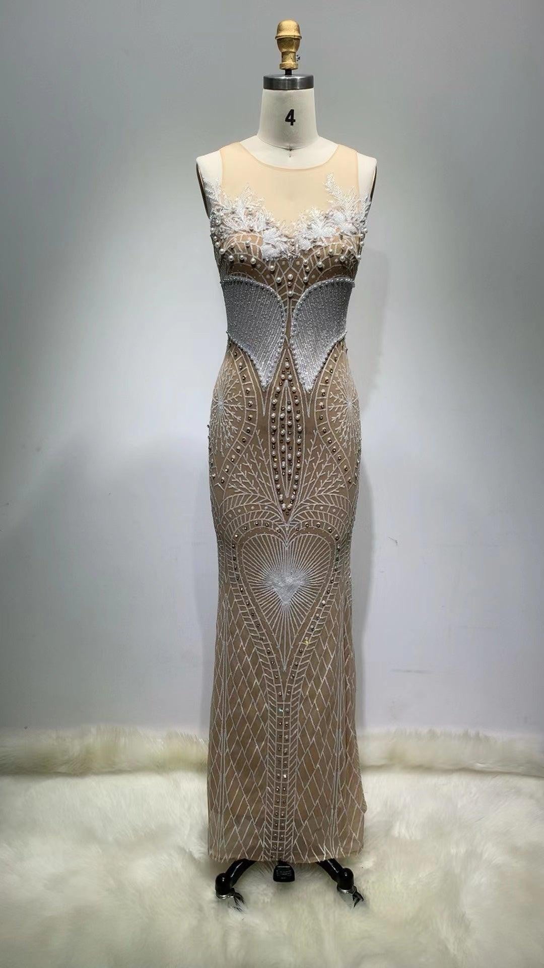Pearl Embellished Off Shoulder Long Sleeve Mermaid Gown