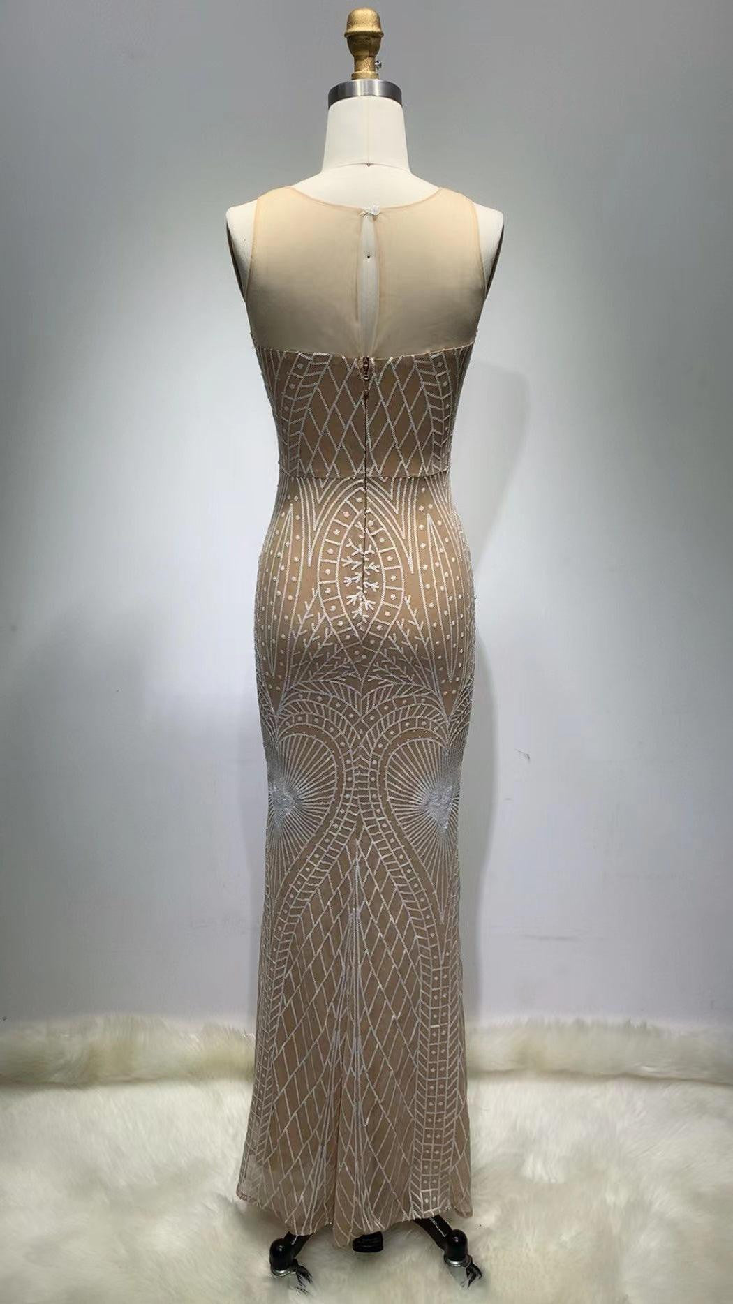 Pearl Embellished Off Shoulder Long Sleeve Mermaid Gown