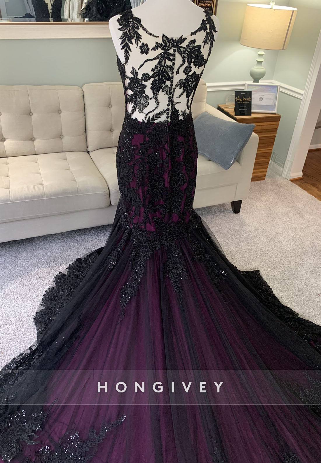 Lace Olivia Black and Purple Illusion Neck Mermaid Wedding Dress with Cape