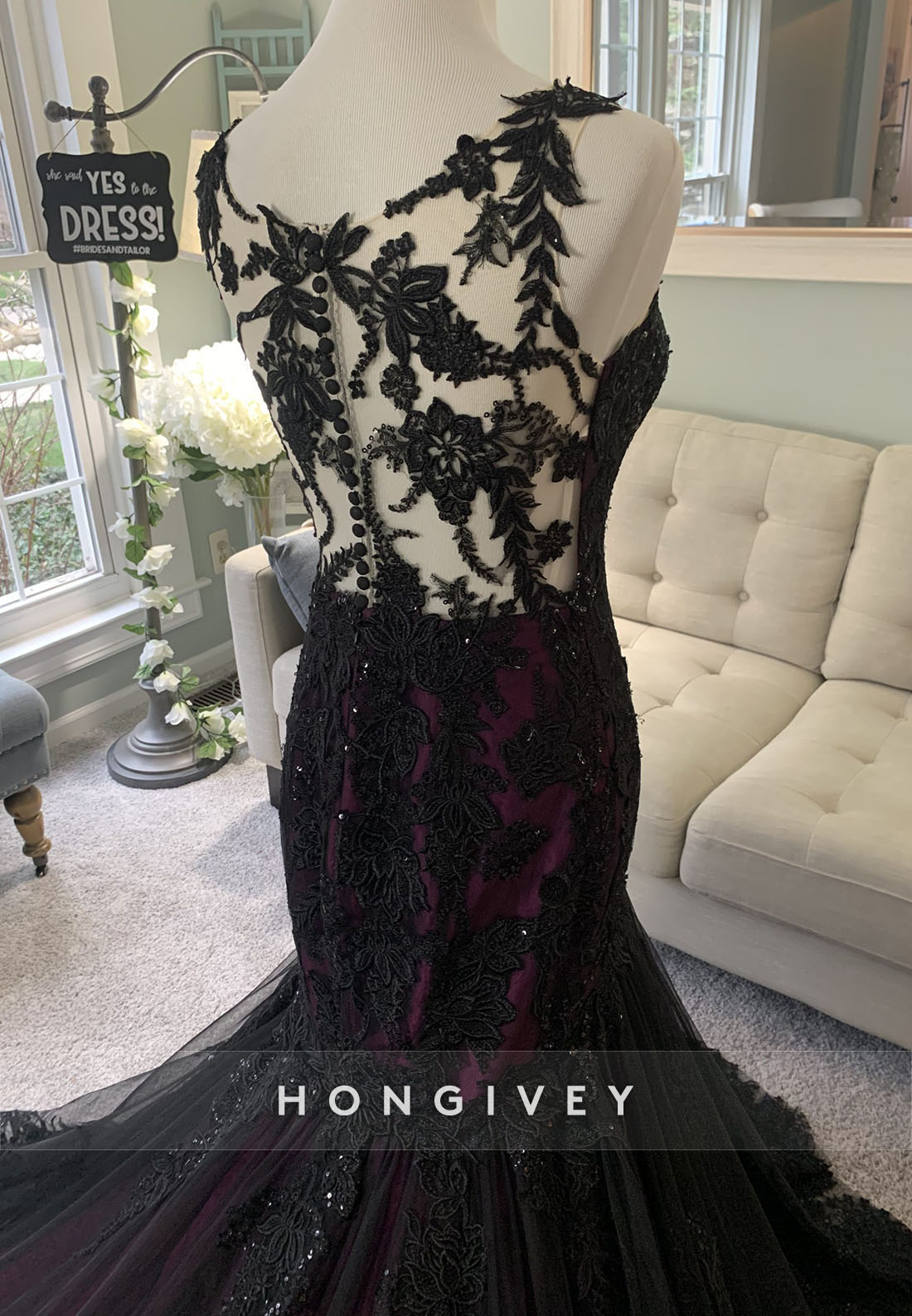 Lace Olivia Black and Purple Illusion Neck Mermaid Wedding Dress with Cape