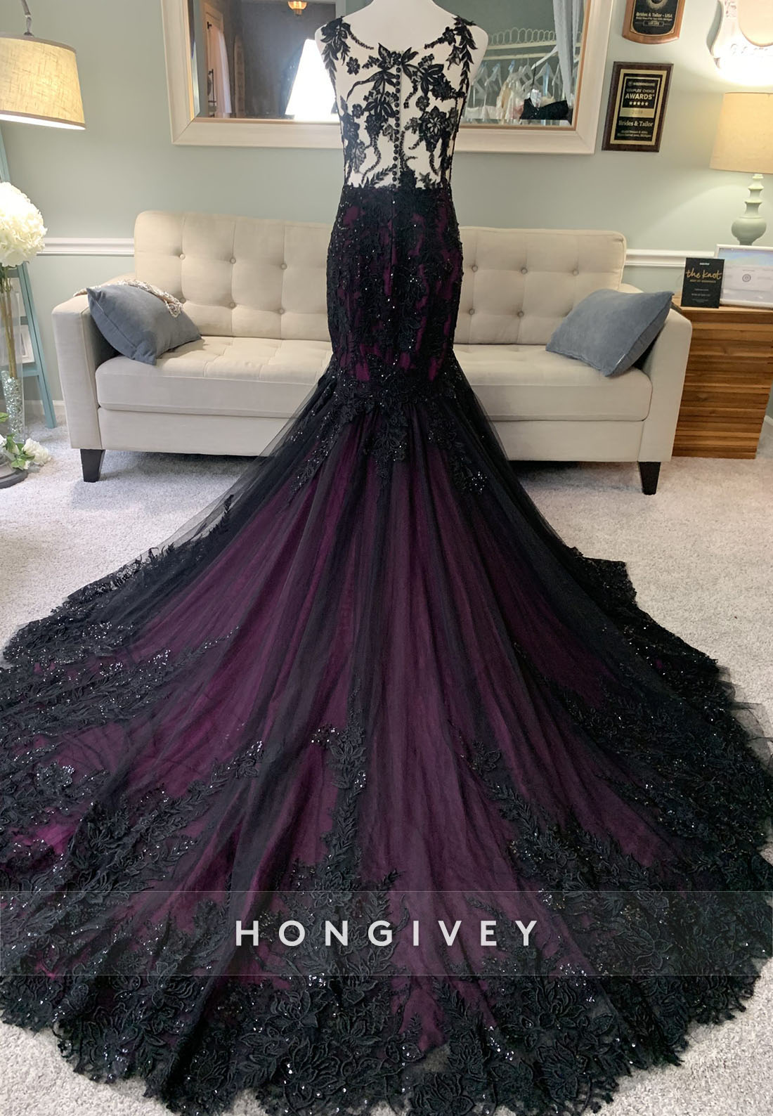 Lace Olivia Black and Purple Illusion Neck Mermaid Wedding Dress with Cape