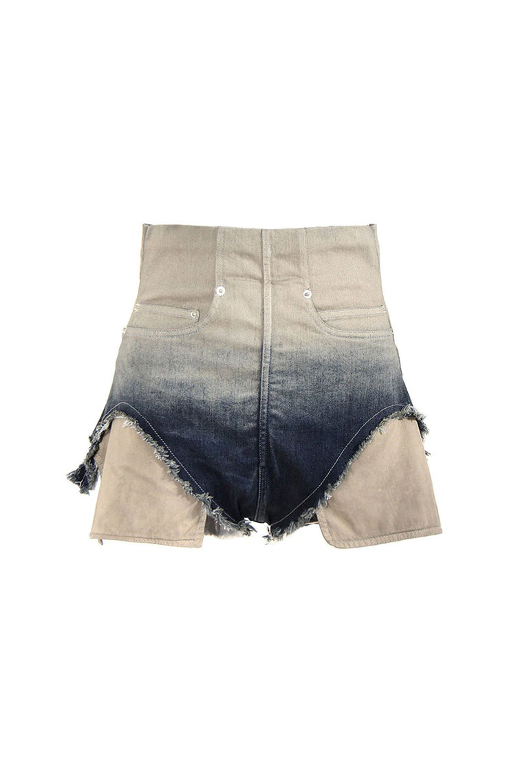 Ombre Corset High Waist Exposed Pocket Distressed Denim Mini Shorts - Fashionpara