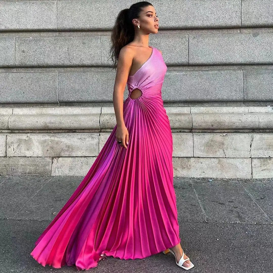 Ombre One Shoulder Drawstring Cutout Waist Asymmetrical Pleated Dress - Hot Pink  Fashionpara