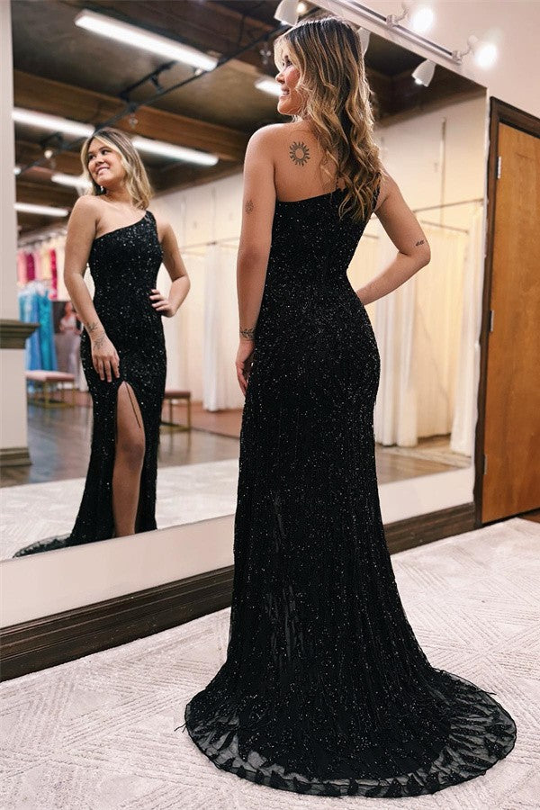 One Shoulder Black Prom Dress Mermaid Sequins Long - Fashionpara