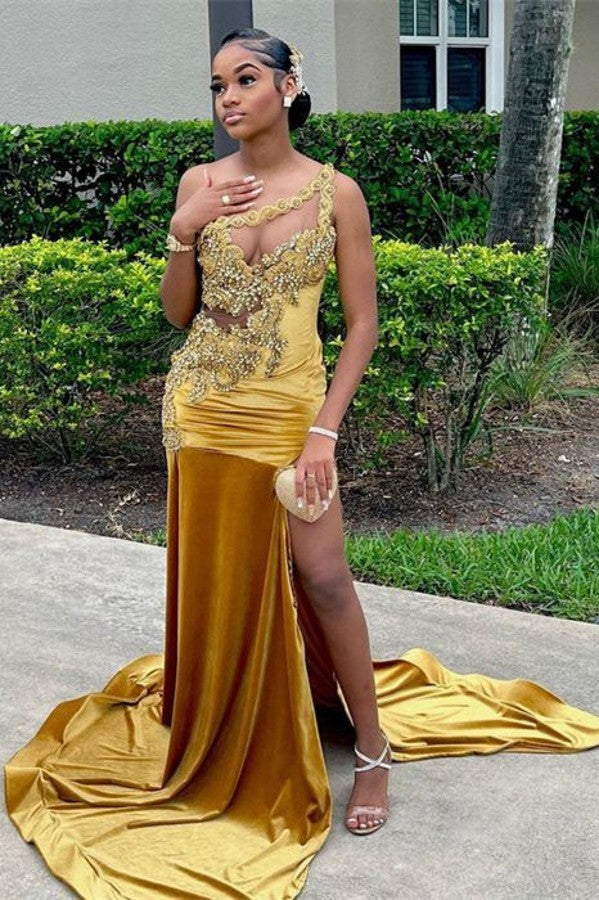 One Shoulder Gold Prom Dress Mermaid Split Long With Beads - Fashionpara