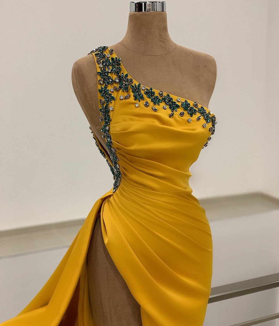 One Shoulder Long Prom Dress Split With Beads - Fashionpara