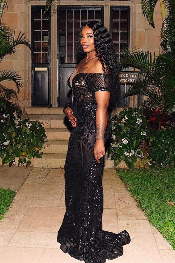 One Shoulder Long Sleeves Black Prom Dress Mermaid Sequins - Fashionpara