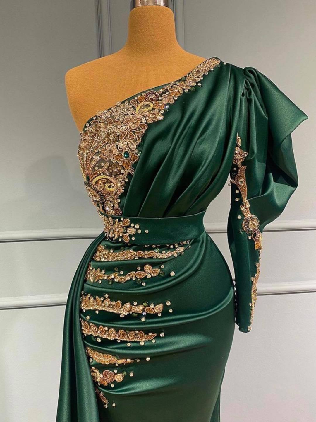 One Shoulder Long Sleeves Dark Green Prom Dress With Beadings - Fashionpara