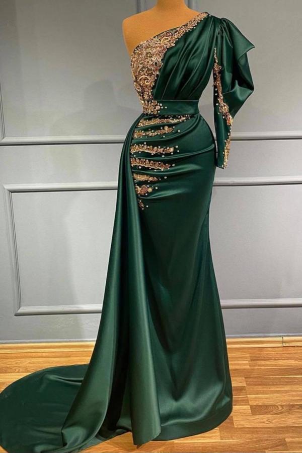 One Shoulder Long Sleeves Dark Green Prom Dress With Beadings - Fashionpara