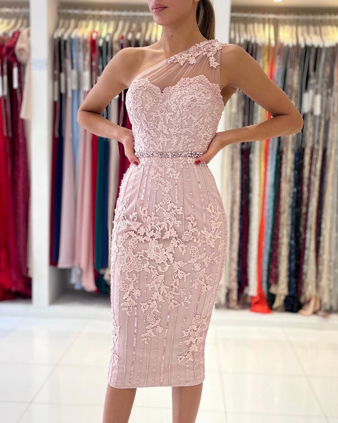 One Shoulder Pink Lace Prom Dress Knee-Length - Fashionpara