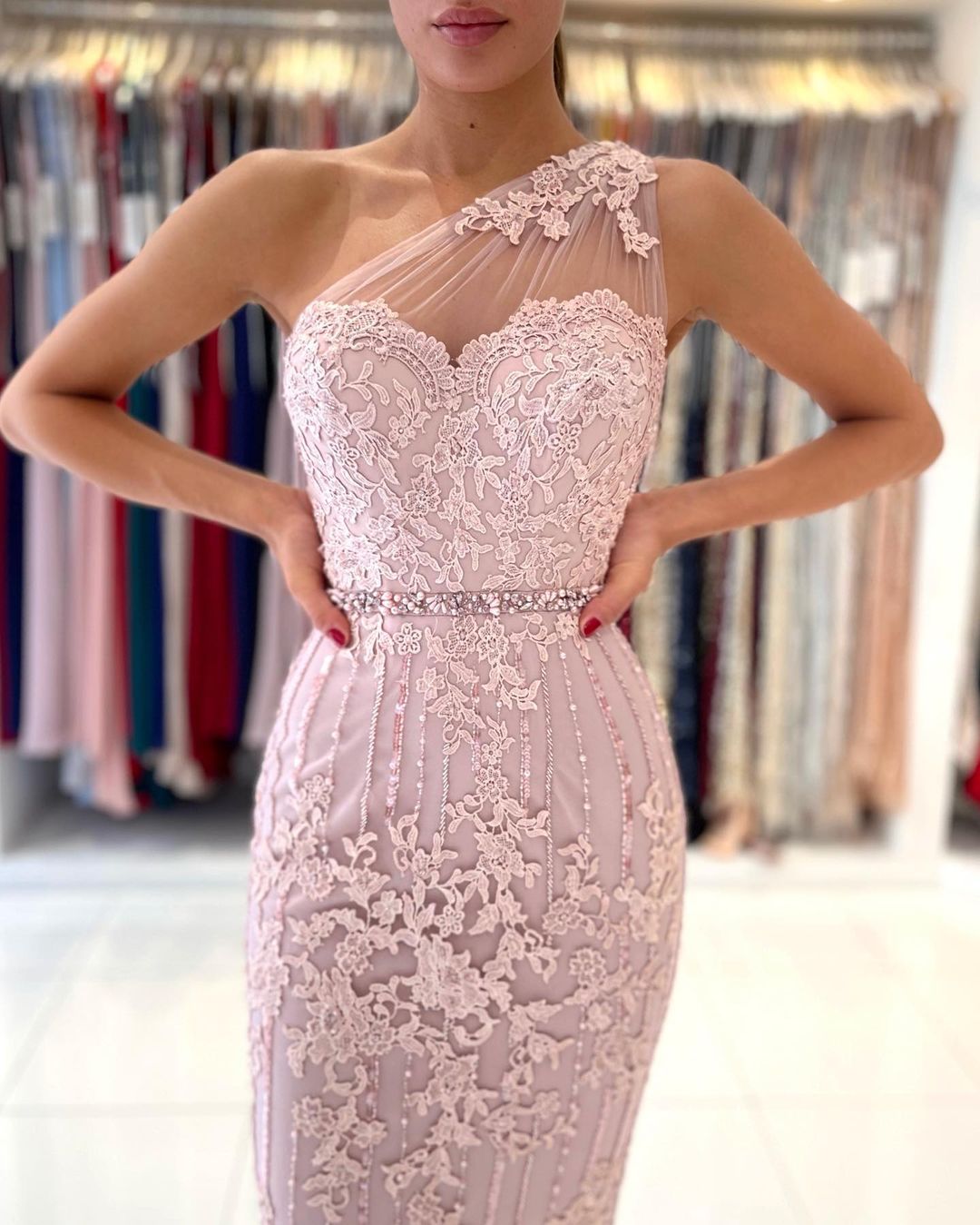 One Shoulder Pink Lace Prom Dress Knee-Length - Fashionpara