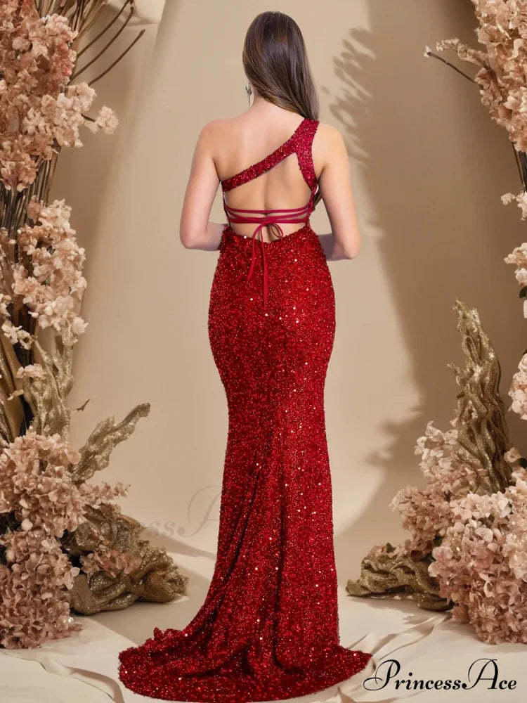 One Shoulder Red Sequined Ruffles Slit Evening Party Backless Lace Christmas Party Dress