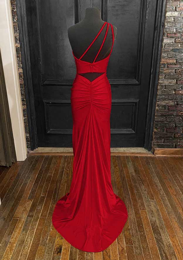 One-Shoulder Sleeveless Prom Dress/Evening Dress - Sheath/Column Jersey Long/Floor-Length with Pleated Split - Fashionpara