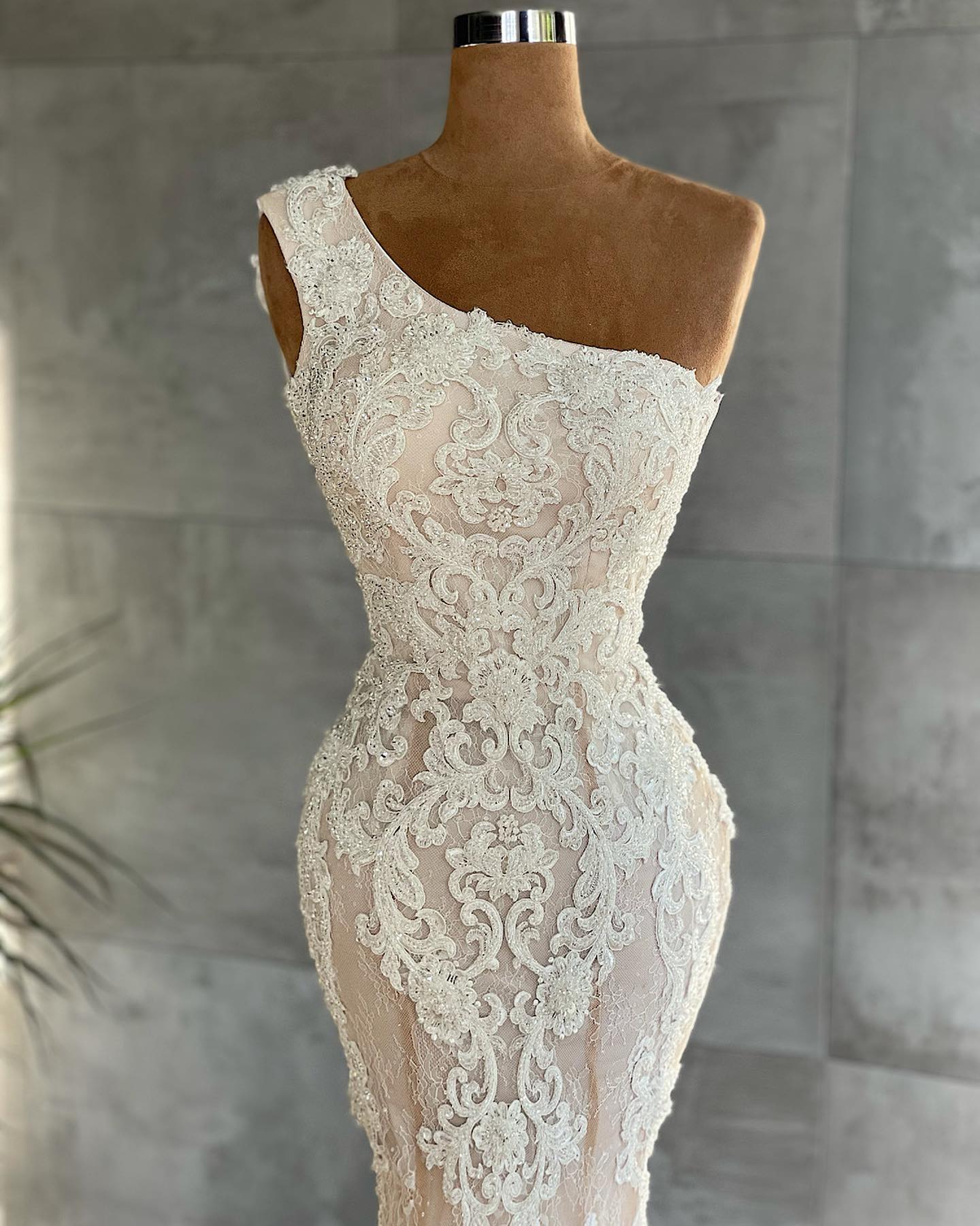 One Shoulder Wedding Dress Mermaid Lace Champagne Bridal Gown - Fashionpara