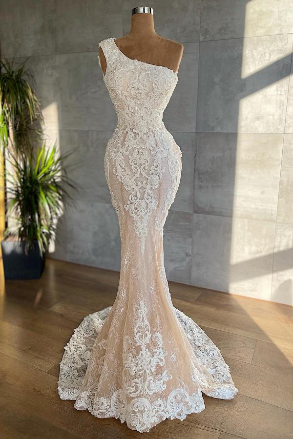One Shoulder Wedding Dress Mermaid Lace Champagne Bridal Gown - Fashionpara