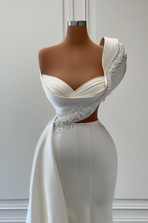 One Shoulder White Mermaid Prom Dress Long With Pearls - Fashionpara