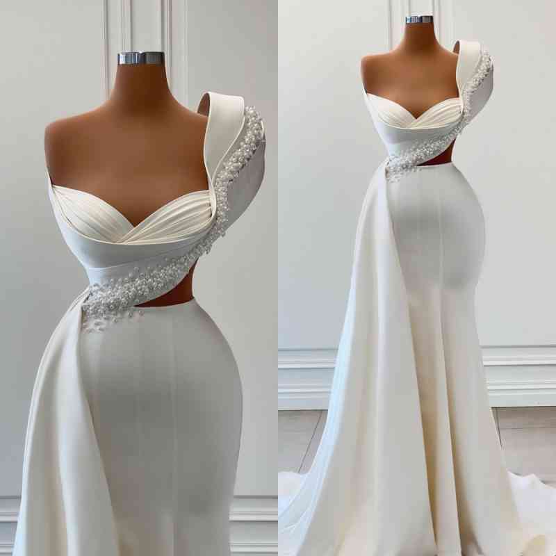One Shoulder White Mermaid Prom Dress Long With Pearls - Fashionpara