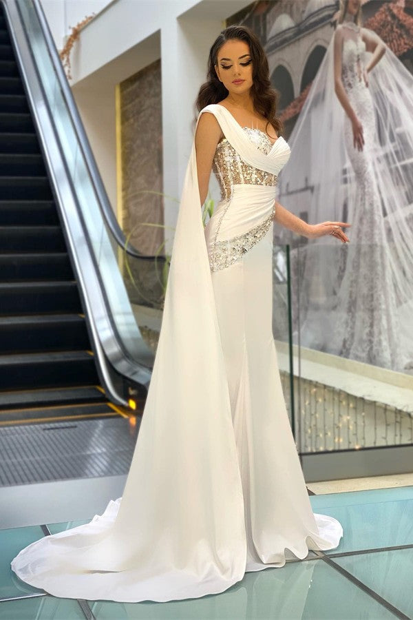 One Shoulder White Prom Dress Mermaid Long Ruffle With Beads - Fashionpara