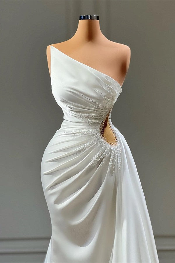 One Shoulder White Prom Dress Mermaid Sleeveless With Ruffle - Fashionpara