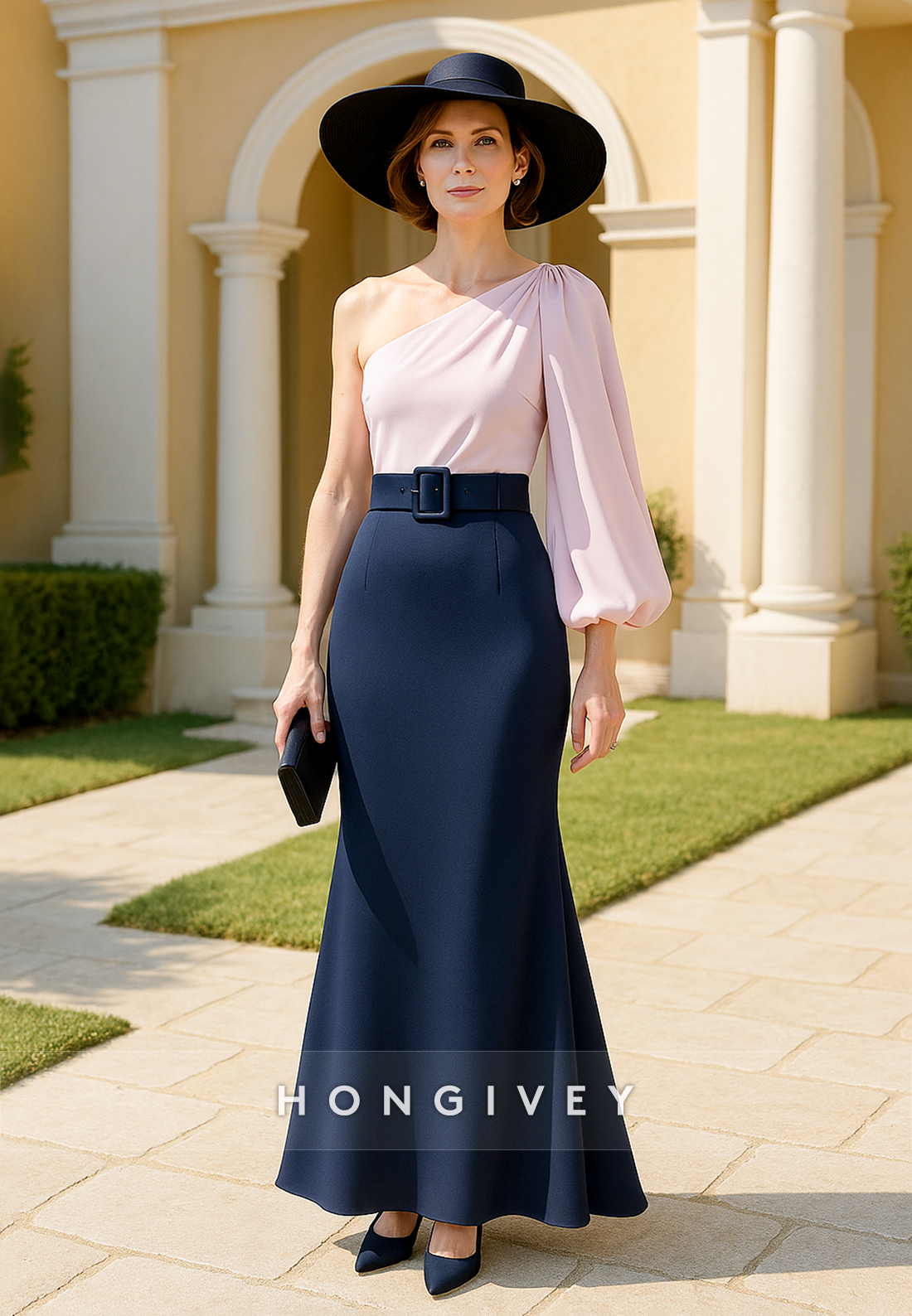 One Shoulder Vintage Ankle-Length Trumpet Mother of the Bride Dress with Waistband