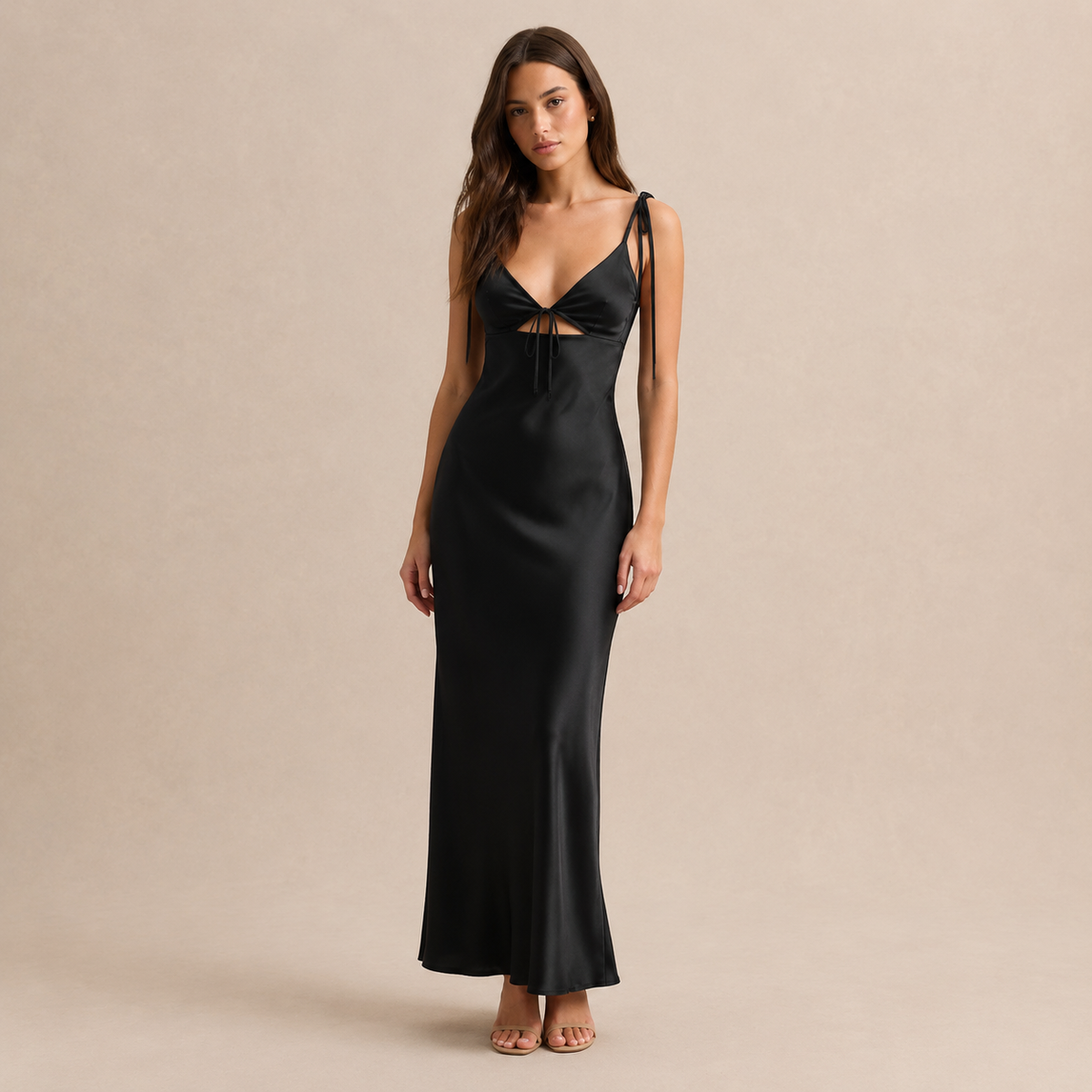 Satin V-Neck Tie Strap Cut Out Slip Maxi Dress