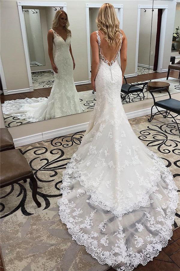 Open Back Mermaid Lace Wedding Dress Sleeveless - Fashionpara